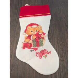 VTG 80s Felt Critter Sitters Christmas Stocking Ajax Kitty Cat Morgan Inc 15"
